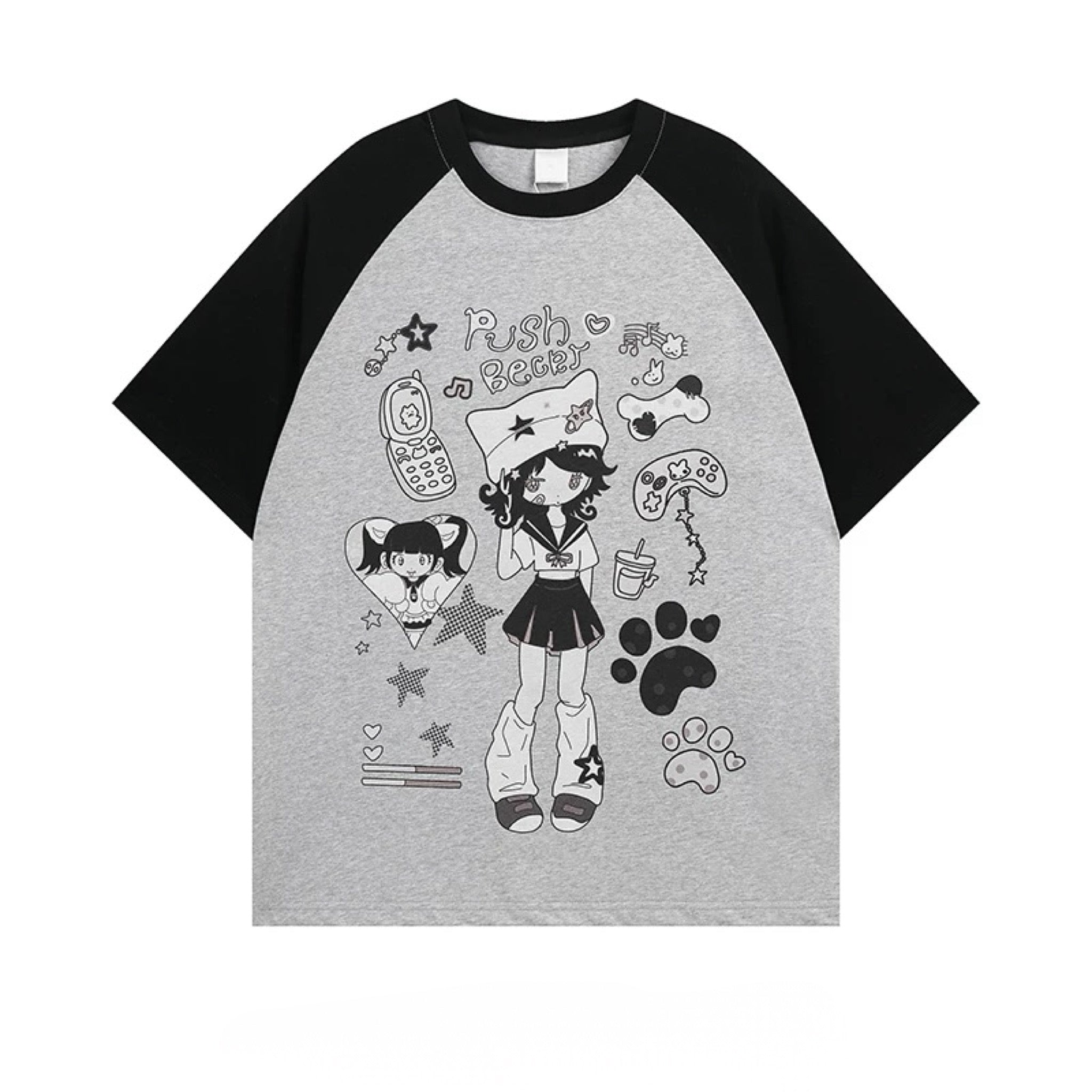 Flat lay of black sleeve Push Beeb anime print T-shirt